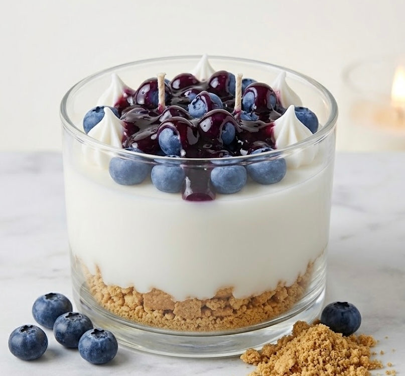 No-bake cheesecake with blueberries and graham cracker crust on a white surface